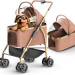 Pet Stroller for Small Medium Dogs & Cats  2-in-1 Detachable Carrier, Zipperless Entry, Lightweight Folding Travel Stroller with Storage Basket, Cup Holder, Brown