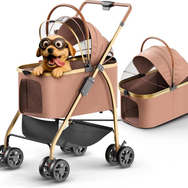 Pet Stroller for Small Medium Dogs & Cats  2-in-1 Detachable Carrier, Zipperless Entry, Lightweight Folding Travel Stroller with Storage Basket, Cup Holder, Brown