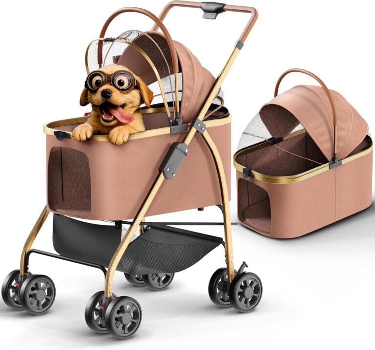 Pet Stroller for Small Medium Dogs & Cats  2-in-1 Detachable Carrier, Zipperless Entry, Lightweight Folding Travel Stroller with Storage Basket, Cup Holder, Brown