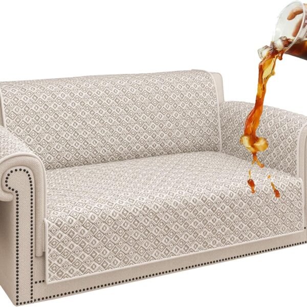 ALIECOM 100% Waterproof Loveseat Covers for 2 Cushion Couch Sofa Slipcovers Love Seat Couch Covers Washable Printed Non Slip Furniture Protector with Pockets for Dogs (Medium, Checkered Khaki)