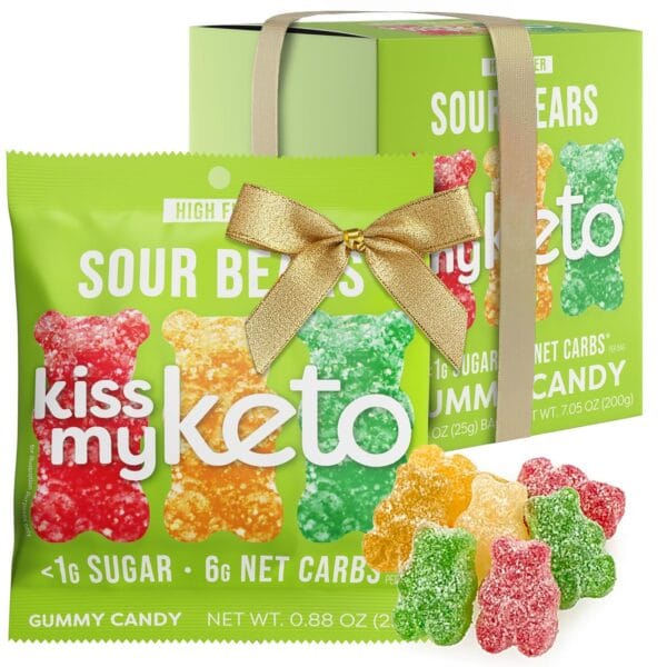 Kiss My Keto Sour Sugar Free Gummy Bears, 8-Pack  Satisfy Cravings while Staying in Ketosis  High Fiber, 6g Net Carbs, Non-GMO, Vegan, & No Gluten  Fruity Sugar Free Gummies
