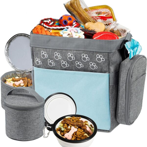 Dog Travel Bag with Treat Pouch, Airline Approved Dog Bags for Traveling, 2 Dog Food Travel Container, 2 Travel Bowls, Weekend Dog Travel Bag for Supplies, Dog Travel Kit Accessories