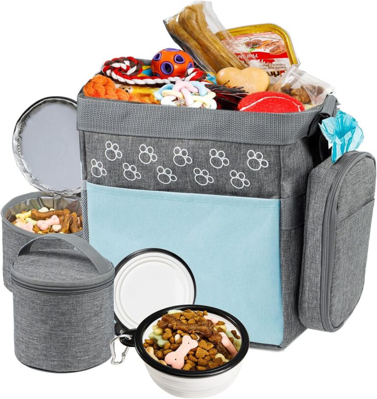Dog Travel Bag with Treat Pouch, Airline Approved Dog Bags for Traveling, 2 Dog Food Travel Container, 2 Travel Bowls, Weekend Dog Travel Bag for Supplies, Dog Travel Kit Accessories