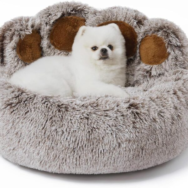 Jiupety Calming Cozy Comfy Small Dog and Cat Bed, Creative Donut Pets Bed with Standing Bear Paws, Anti-Anxiety, Non-Slip Gray, L Size 26" X 26" X 8"
