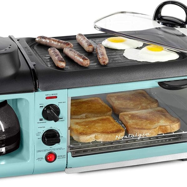 Nostalgia 3-in-1 Breakfast Station - Includes Coffee Maker, Non-Stick Griddle, and 4-Slice Toaster Oven - Versatile Breakfast Maker with Timer - Aqua