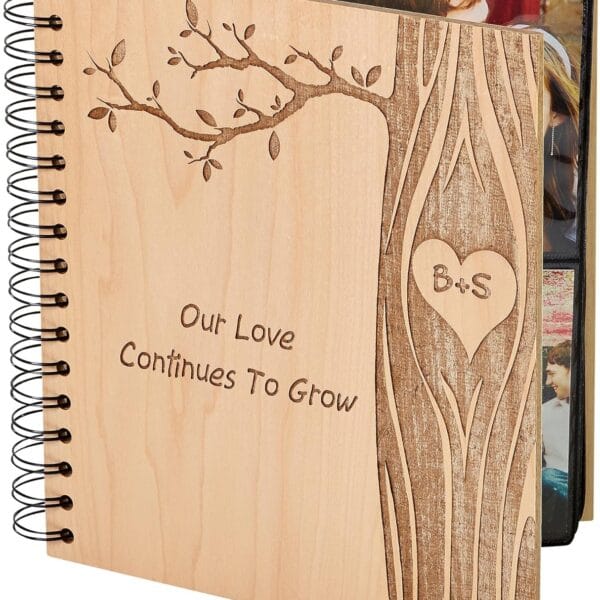 Personalization Universe Personalized Wood Photo Album for Couples - Carved In Love, Holds 72 4x6 Photos, Unique 5th Anniversary, Custom Engraved Initials, Natural Alderwood, Spiral Binding
