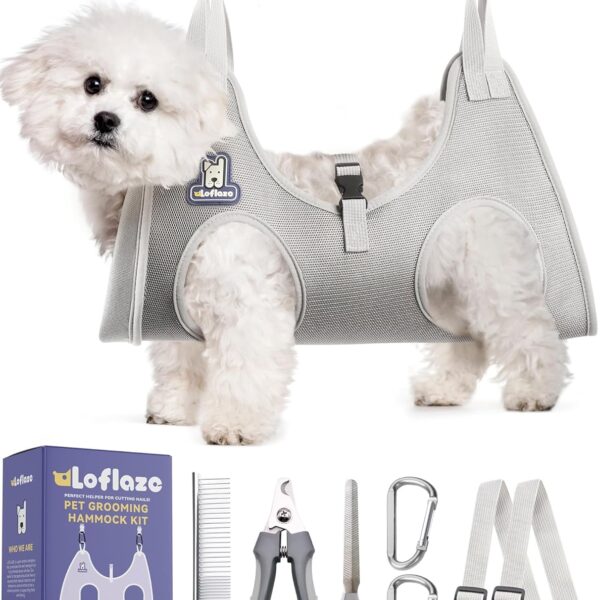 Dog Grooming Hammock Harness for Dogs & Cats with Pet Nail Clipper Trimmer - Cat Hanger Sling for Trimming Clipping Nails- Dog Hammock Restraint Bag for Small Medium Large pet  Grey S