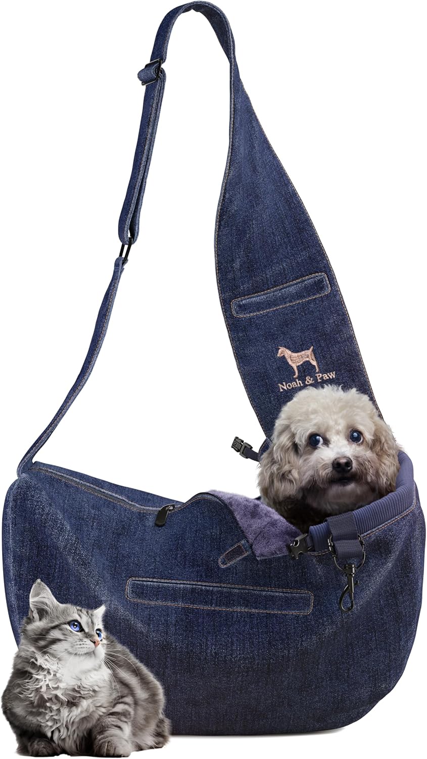 Noah & Paw Dog Sling Carrier for Small Dogs 3-10lb, Dog Sling for Small Dogs and Cats, Dog Carrier with Adjustable Padded Strap, Vegan Denim Lined with Fur, 3X Safety Features, Machine Washable Noah & Paw Dog Sling Carrier for Small Dogs 3-10lb, Dog Sling for Small Dogs and Cats, Dog Carrier with Adjustable Padded Strap, Vegan Denim Lined with Fur, 3X Safety Features, Machine Washable