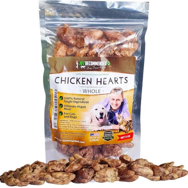 Vet Recommended Premium Whole Chicken Hearts for Dogs and Cats (5oz Bag), Freeze Dried Natural Dog Treats - Perfect Organ Meat for Pets, Human Grade, Natural Source of Taurine, USA Made.