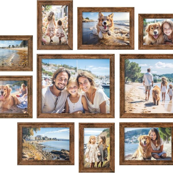 SONGMICS Picture Frames with 16 Mats, Set of 10 Collage Photo Frames, Two 8x10, Four 5x7, Four 4x6 Frames, Wall or Table Display, Christmas Gift, 12 Non-Trace Nails, Rustic Brown URPF049X01