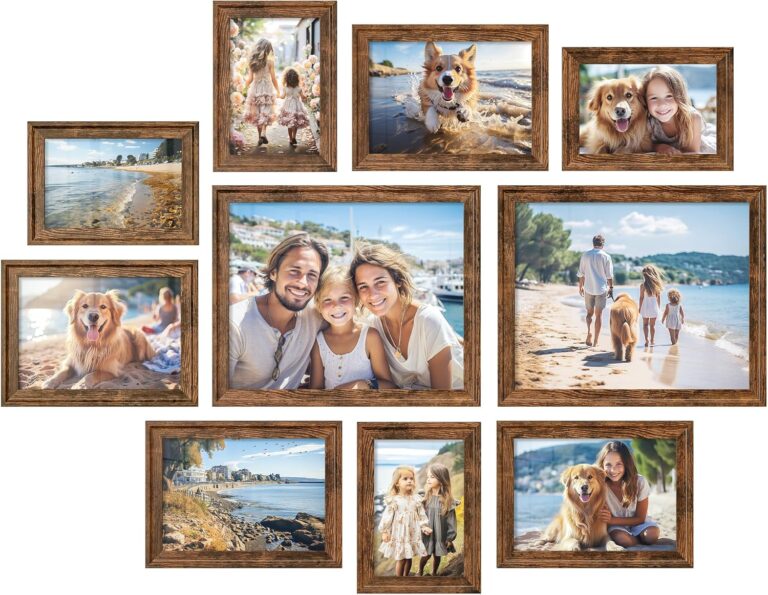 SONGMICS Picture Frames with 16 Mats, Set of 10 Collage Photo Frames, Two 8x10, Four 5x7, Four 4x6 Frames, Wall or Table Display, Christmas Gift, 12 Non-Trace Nails, Rustic Brown URPF049X01