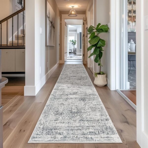 Long Hallway Runner Rug- Carpet Runners for Hallway 12ft, Anti Slip Backing Washable Rug Runner for Bathroom, Entrance, Living Room, Soft Low Pile Mordern Rug Runner(2'x12', Grey/Ivory)