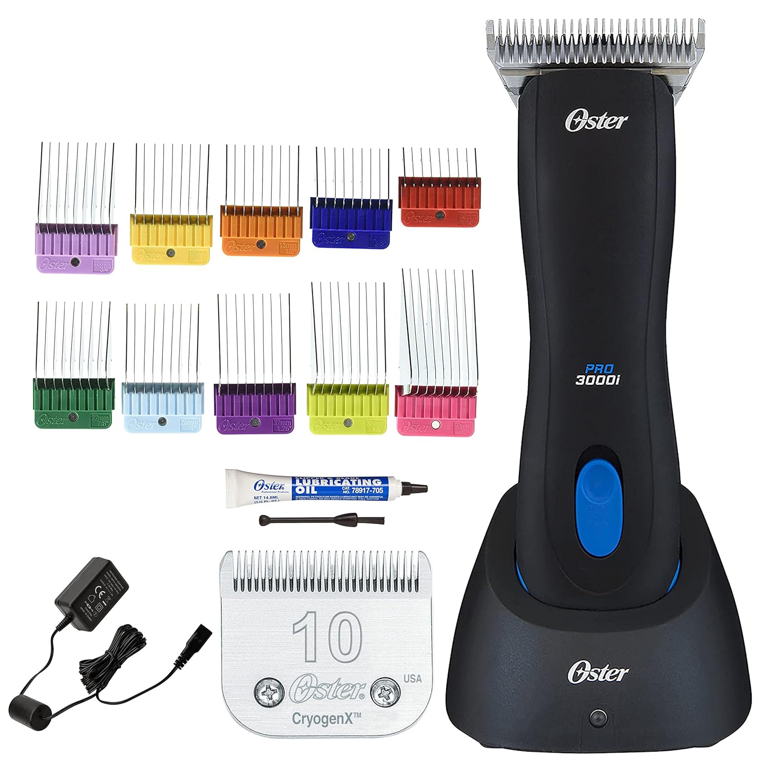 Oster Pro 3000i Cordless Lithium Ion Animal Pet Clipper with Size 10 CryogenX Blade 10-Piece Stainless Steel Pet Clipper Guide Comb Kit Oster Pro 3000i Cordless Lithium Ion Animal Pet Clipper with Size 10 CryogenX Blade 10-Piece Stainless Steel Pet Clipper Guide Comb Kit