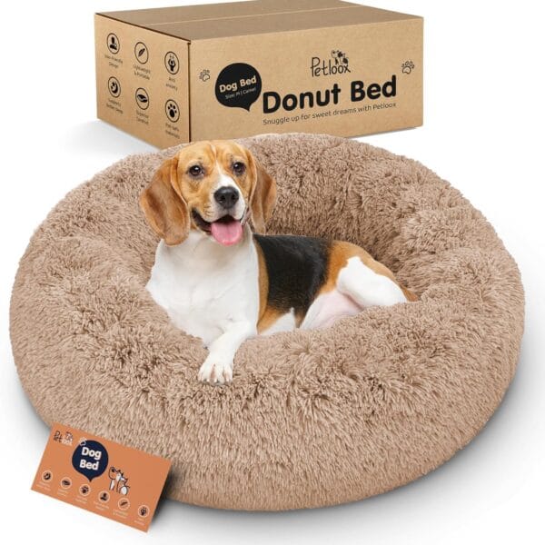 Donut Dog Bed - Premium Comfort for Anxiety Relief - Fluffy & Calming Design with Ultra-Plush Support | Cozy Round Dog Bed with Super Soft Circle Style (Size M Camel)