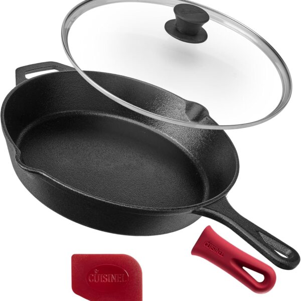 Cuisinel Pre-Seasoned Cast Iron Skillet (12-Inch) W/Tempered Glass Lid and Handle Cover Oven Safe Cookware | Heat-Resistant Holder | Indoor and Outdoor Use | Grill, Stovetop, Induction Safe