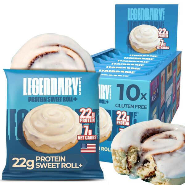 Legendary Foods Cinnamon Roll 22g Protein Bars  Gluten-Free, Low Carb Meal Option  Sweet Zero Sugar Snack, Keto-Friendly  10-Pack High Protein Pre- or Post-Workout Nutrition Bars