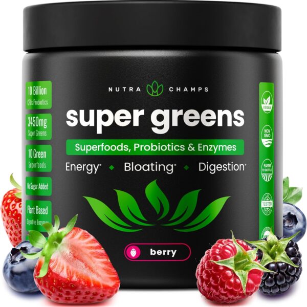 NutraChamps Super Greens Powder Premium Superfood | 20+ Organic Green Veggie Whole Foods | Wheat Grass, Spirulina, Chlorella | Antioxidant, Digestive Enzyme & Probiotic Blends (9.0 Oz, Berry)