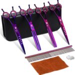 Dream Reach Dog Grooming Scissors - 7" Professional 6 in 1 Pet Scissors Sharp and Durable Shears Set Thinning, Chunker, Straight, Curved Shears and Comb for Dog Cat Pets, Purple