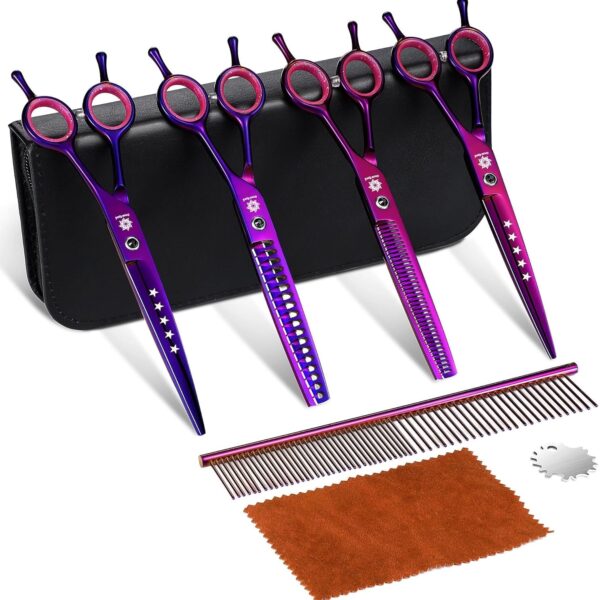 Dream Reach Dog Grooming Scissors - 7" Professional 6 in 1 Pet Scissors Sharp and Durable Shears Set Thinning, Chunker, Straight, Curved Shears and Comb for Dog Cat Pets, Purple