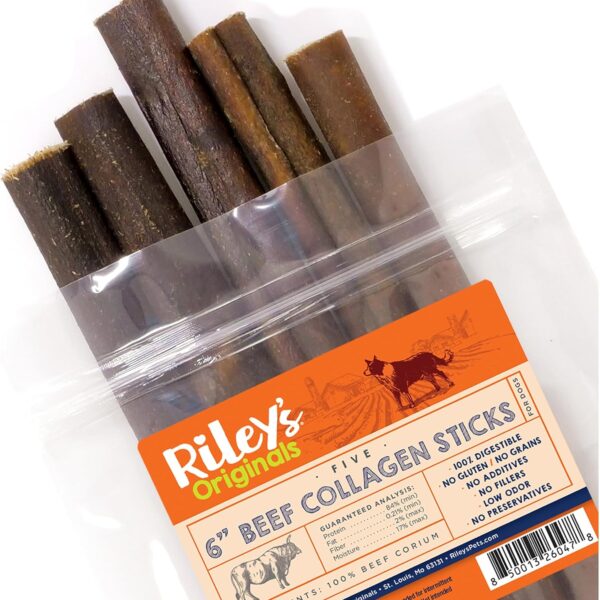 Riley's 6 Inch Beef Collagen Sticks for Dogs, Collagen Chews for Dogs, Bully Stick & Rawhide Alternative, Long Lasting, No Raw Hide Chews, Single Ingredient Dog Treat - 5 ct
