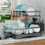 7 code Large Dish Drying Rack for Kitchen Counter, Detachable Large Capacity Dish Drainer Organizer, 2-Tier Dish Racks with Utensil Holder, Black