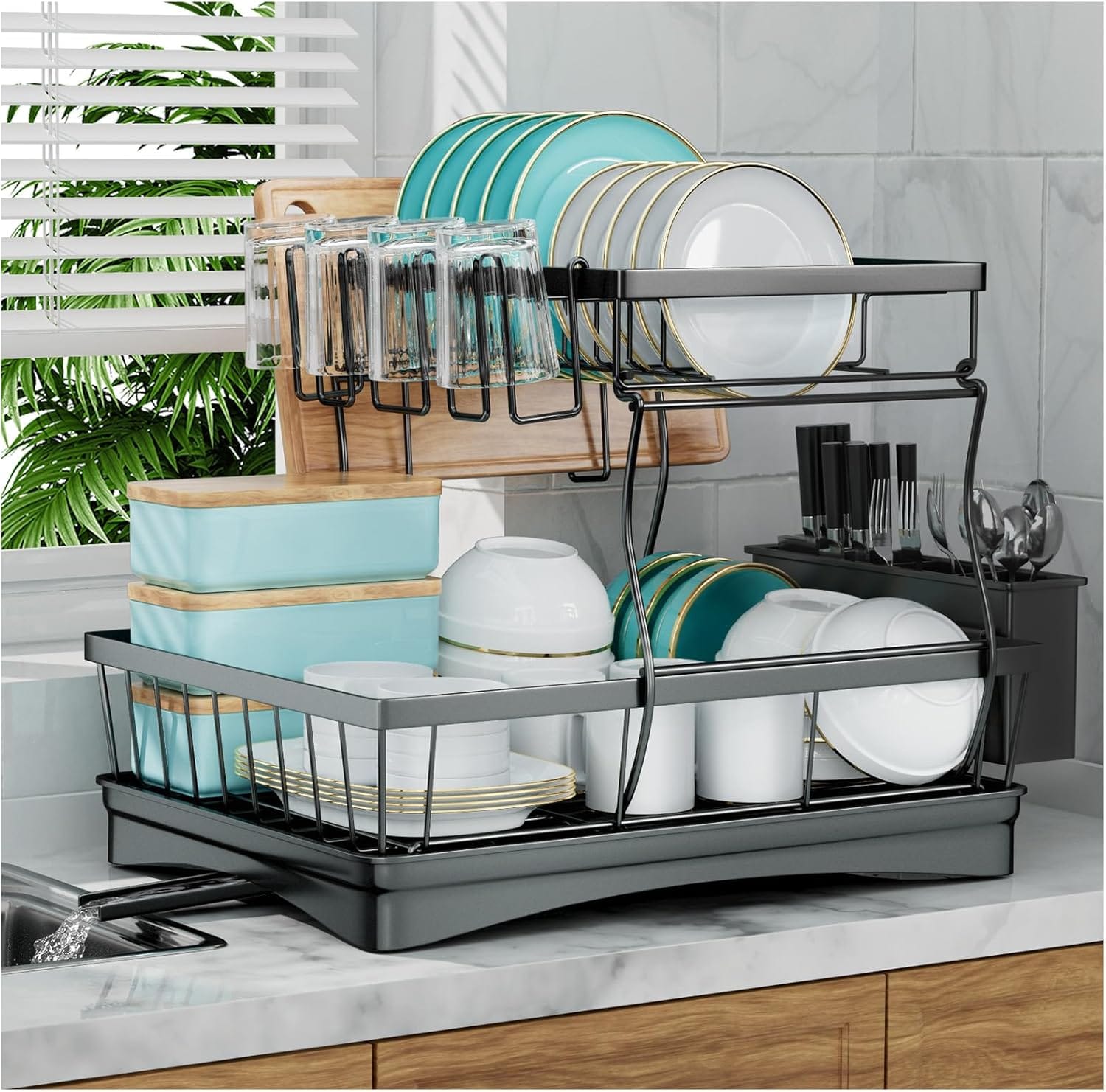 7 code Large Dish Drying Rack for Kitchen Counter, Detachable Large Capacity Dish Drainer Organizer, 2-Tier Dish Racks with Utensil Holder, Black 7 code Large Dish Drying Rack for Kitchen Counter, Detachable Large Capacity Dish Drainer Organizer, 2-Tier Dish Racks with Utensil Holder, Black