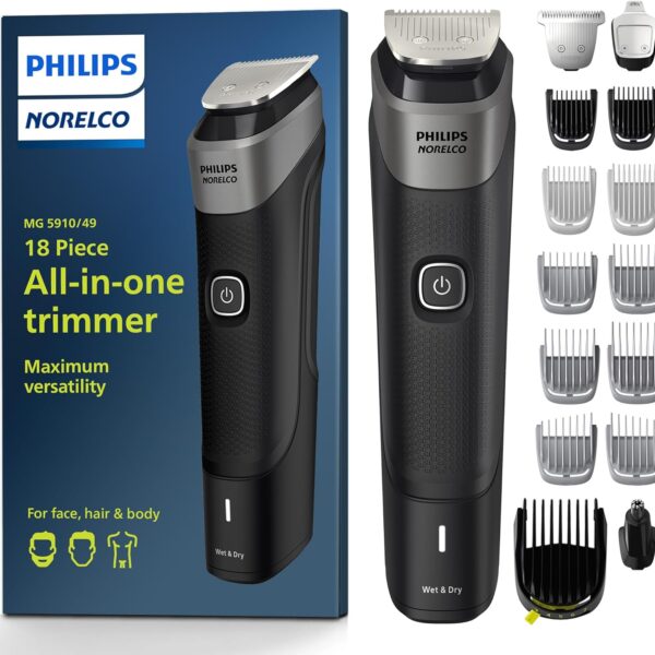 Philips Norelco Multigroom 5000 Series, All-in-One Trimmer and Hair Clipper, 18-Piece Men's Grooming Kit for Beard, Face, Hair, Body and Intimate Areas, No Blade Oil Needed, Model MG5910/49
