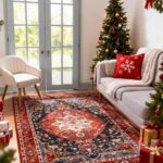 YJ.GWL Area Rug for Living Room, 4x6 Machine Washable Boho Rug for Bedroom, Low Pile Lightweight Thin Rugs Floral Vintage Distress Print Pattern Carpet for Dining Room, Red