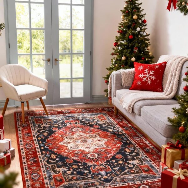 YJ.GWL Area Rug for Living Room, 4x6 Machine Washable Boho Rug for Bedroom, Low Pile Lightweight Thin Rugs Floral Vintage Distress Print Pattern Carpet for Dining Room, Red