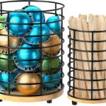 HBlife Coffee Pod Holder & Coffee Stirrers Holder Set, Metal and Wooden Coffee Bar Accessories Large Capacity Kitchen Counter Decor for Keurig K cup & Nespresso Vertuo (Black Wire)