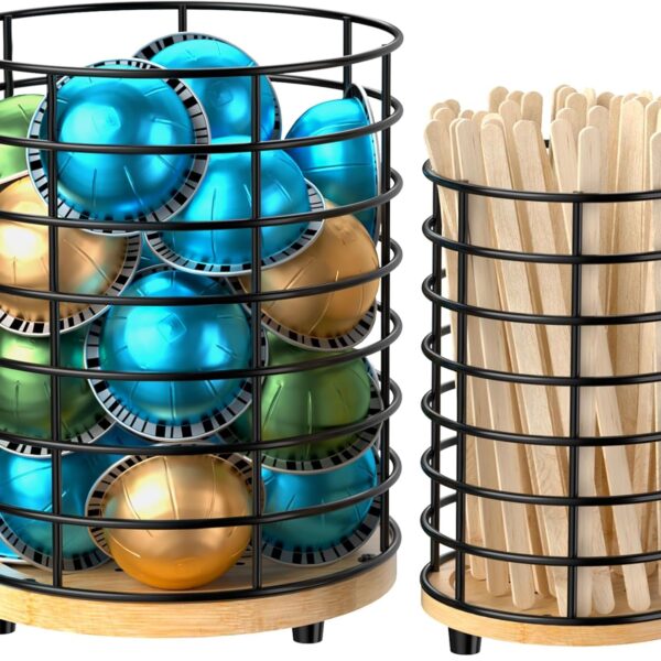 HBlife Coffee Pod Holder & Coffee Stirrers Holder Set, Metal and Wooden Coffee Bar Accessories Large Capacity Kitchen Counter Decor for Keurig K cup & Nespresso Vertuo (Black Wire)