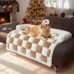 LiveGo Fuzzy Pet Couch Covers for Sofa, Dog Couch Cover Fuzzy Sofa Cover Cream Square Plaid Dog Bed Plush Dog Mat for Furniture Protector for Large Medium Dogs and Cats (Light Brown, 29.5"*29.5")