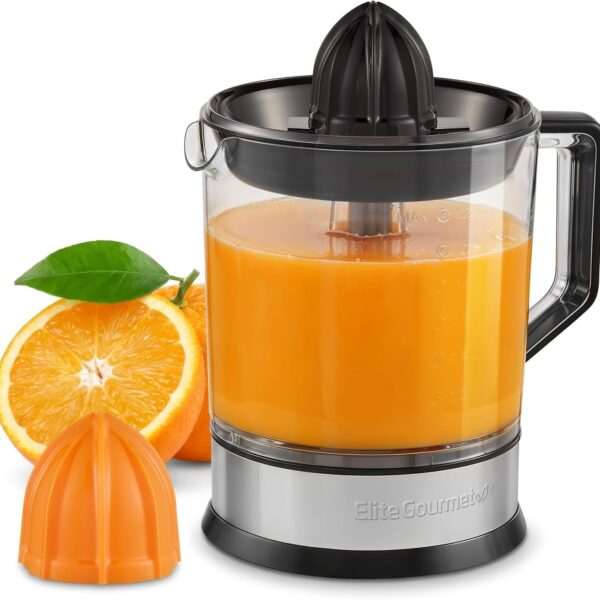 Elite Gourmet ETS740 BPA-Free 40-Watt Electric Citrus Juicer with 2 Cones, Compact, Large Volume, Pulp Control, Oranges, Lemons, Limes, Grapefruits with Easy Pour Spout, 1.2L, Black/Stainless Steel