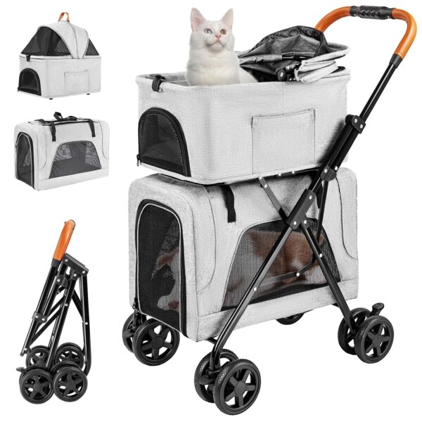 Double Pet Stroller with Detachable Carrier for Medium Small Dogs and Cats, Lightweight Dog Stroller Travel Carriage with No-Zip Canopy Storage Basket One-Click Folding and One-Foot Brake