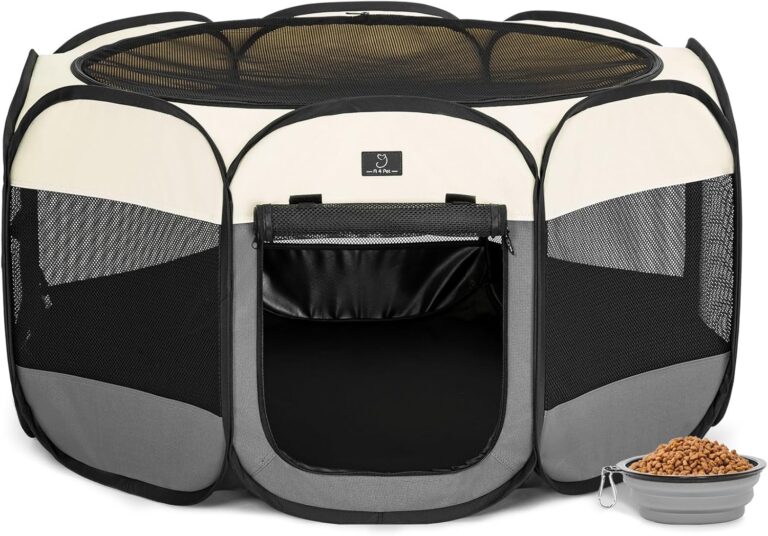 Portable Dog Playpen for Small Dogs & Puppies 39.5" Pop-Up Foldable Pet Fence with Bowl, Waterproof Bottom, Removable Mesh Top, Indoor Outdoor Use, Secure Zippered Door, Travel & Training Use