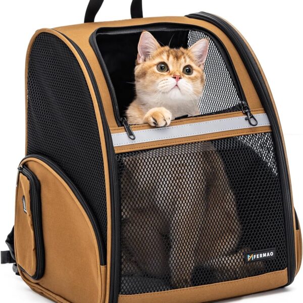 Cat Backpack Carrier for Small Dogs and Medium cat Puppy Kitten Bunny Pet Carrier Backpack Collapsible with Fully Ventilated Mesh with Safety Leash (Brown, 12.9" L x 10.62" W x 15.5" H - M)
