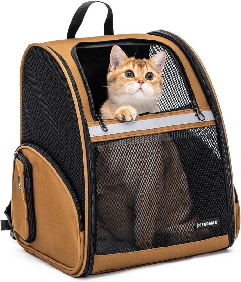 Cat Backpack Carrier for Small Dogs and Medium cat Puppy Kitten Bunny Pet Carrier Backpack Collapsible with Fully Ventilated Mesh with Safety Leash (Brown, 12.9" L x 10.62" W x 15.5" H - M)