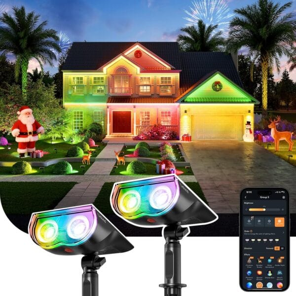 Linkind Smart Solar Spot Lights Outdoor SL5C, Solar Lights Outdoor Spotlight Color Changing APP/Voice Control Landscape Lighting, IP67 Christmas Decorations for Yard, Garden, Pathway(2 Pack)