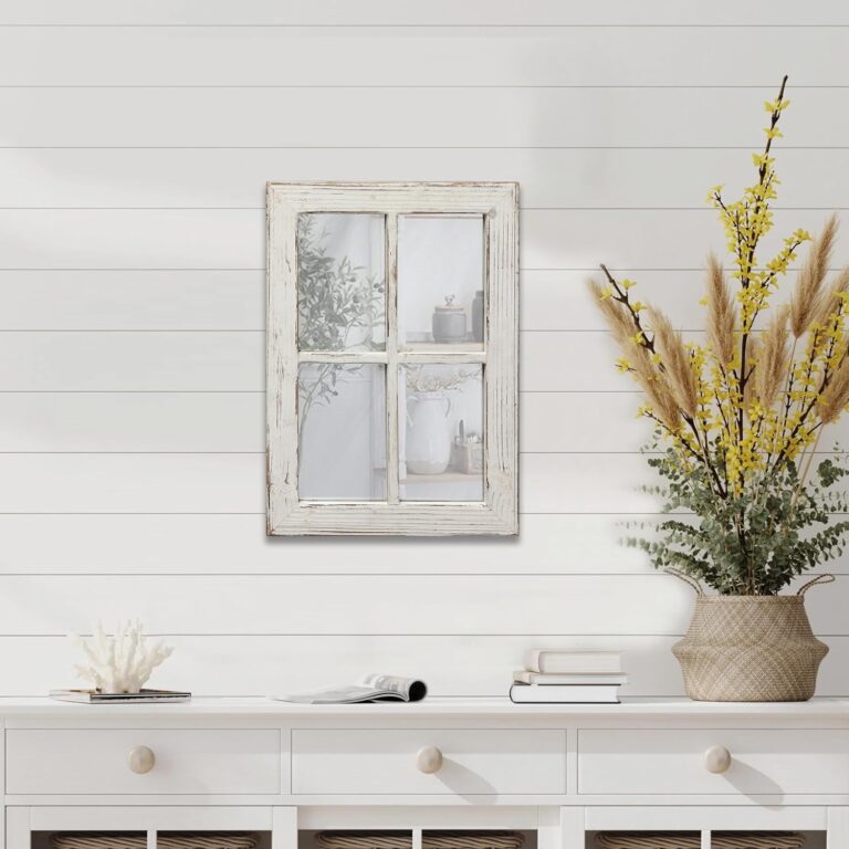 Rustic Small Window Pane Mirror Wall Decor 11 x 16 inches, Hanging Distressed White Farmhouse Rectangle Wood Frame Mirror, Handmade Decorative Window Mirrors for Living Room Christmas