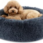 Dog Calming Beds for Small Medium Large Dogs - Round Donut Washable Puppy Dog Bed, Anti-Slip Faux Fur Fluffy Donut Cuddle Anxiety Cat Pet Bed(20" Dark Grey)