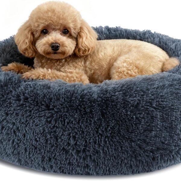 Dog Calming Beds for Small Medium Large Dogs - Round Donut Washable Puppy Dog Bed, Anti-Slip Faux Fur Fluffy Donut Cuddle Anxiety Cat Pet Bed(20" Dark Grey)