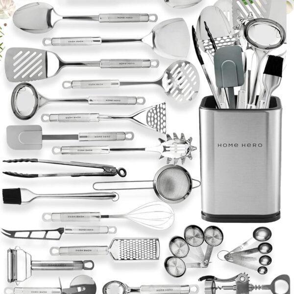 Home Hero 54-Piece Stainless Steel Kitchen Utensils Set - Heat-Resistant Nonstick Silicone & Stainless Steel Cooking Utensils - Complete Tools with Slotted Spoon & Pasta Spoon - Pack of 54, Silver