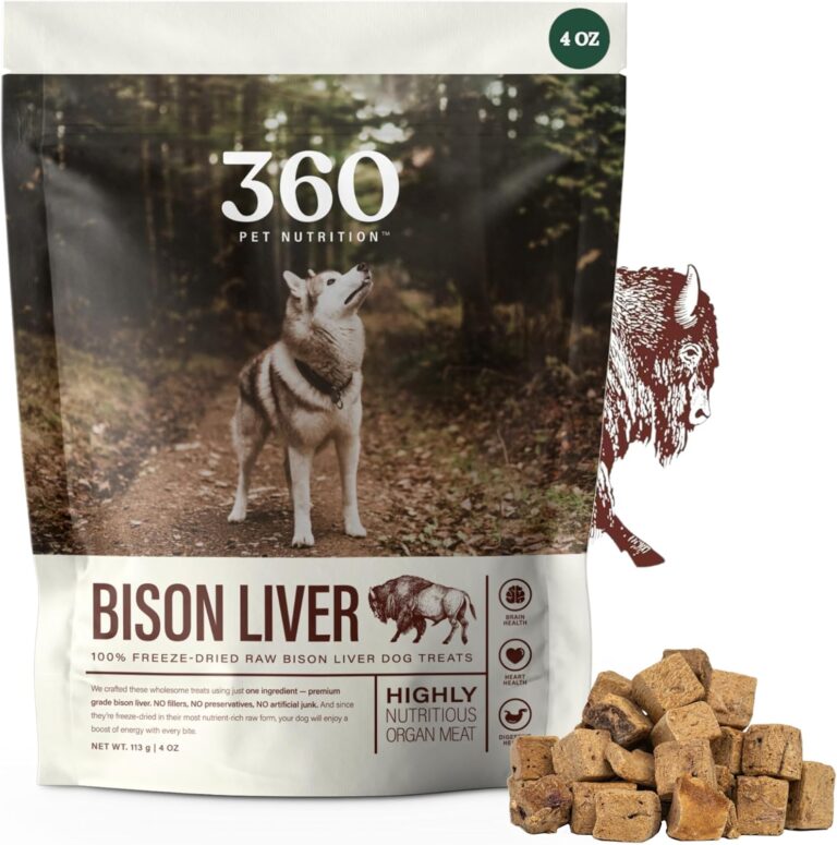 360 Pet Nutrition Freeze-Dried Raw Bison Liver Dog Treats  Single Ingredient, High Protein, Grain-Free, All-Natural Training Snacks, Made in USA, 4 oz
