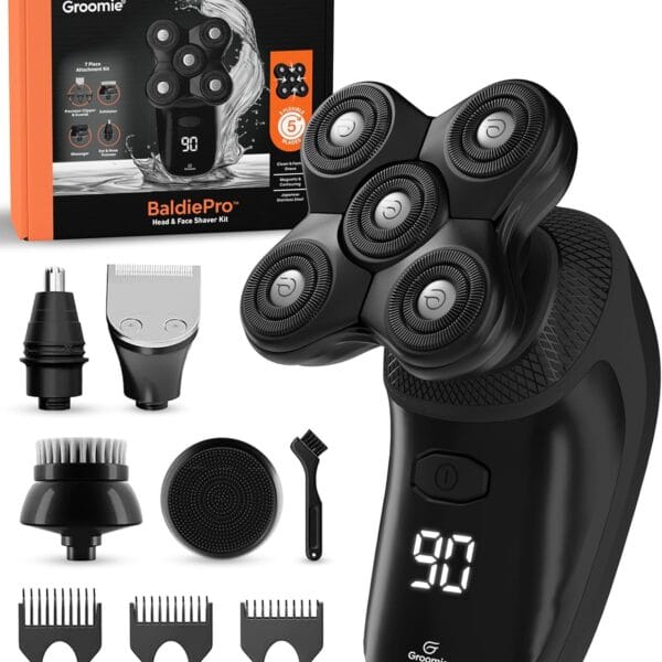 Groomie Cordless Bald Head Shavers for Men, BaldiePro Head Grooming Kit - Ergonomic & Waterproof Head Shavers for Bald Men - Electric Hair Shaver & Head Razor - Men's Rotary Shaver for Smooth Shave