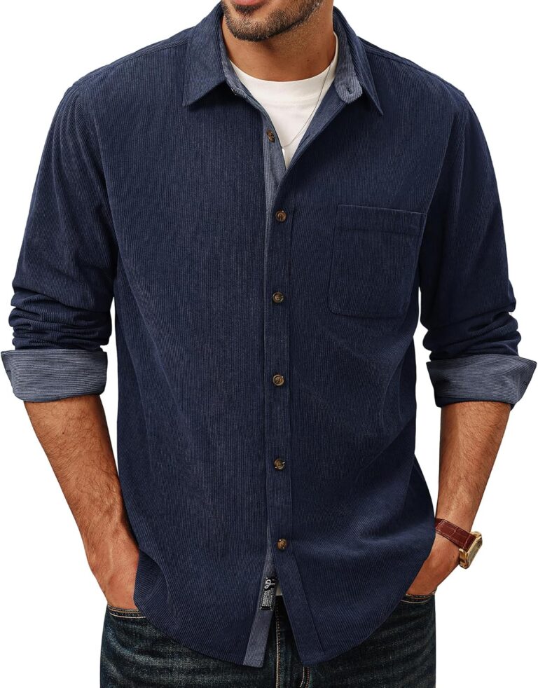 PJ PAUL JONES Men's Corduroy Button Down Shirt Long Sleeve Casual Collared Wrinkle Free Untucked Shirts with Pocket