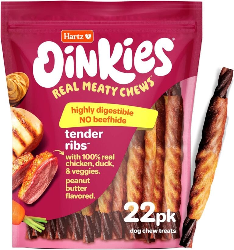 Hartz Oinkies Tender Ribs with Real Chicken, Duck & Veggies, Peanut Butter Flavored Rawhide-Free Dog Treats, Highly Digestible Dog Chews, 22 Count