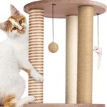 Cat Scratching Post - 3 Scratcher Posts with Carpeted Base Play Area and Perch - Furniture Scratching Deterrent for Indoor Cats by PETMAKER (Brown), Large