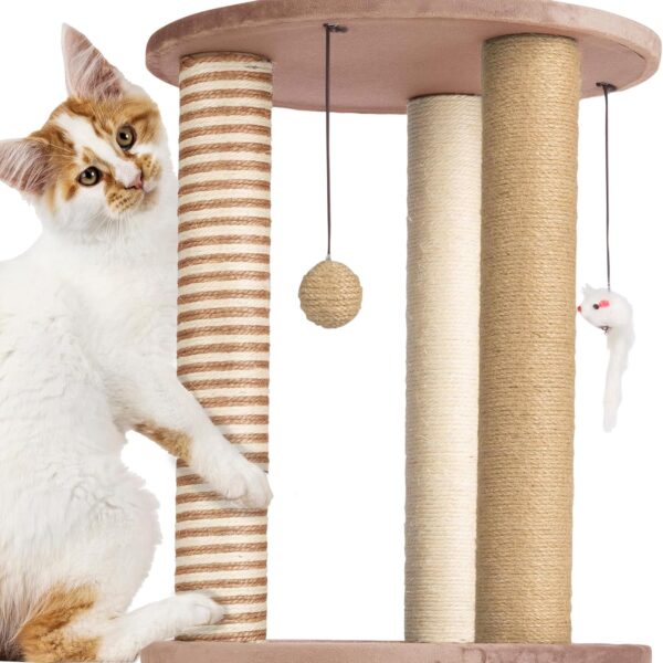 Cat Scratching Post - 3 Scratcher Posts with Carpeted Base Play Area and Perch - Furniture Scratching Deterrent for Indoor Cats by PETMAKER (Brown), Large