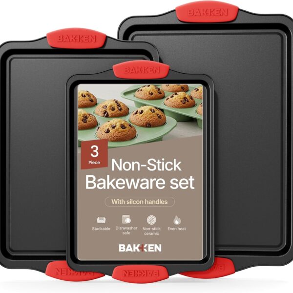 Baking Pan Set  3 Piece Cookie Sheet  Deluxe Black Non-Stick Carbon Steel  Silicone Handles  Commercial Grade Restaurant Quality  PFOA PFOS and PTFE Free by Bakken