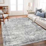 5x7 Washable Area Rug Gray Vintage Traditional Floor Cover Foldable Thin Kitchen Accent Indoor Distressed Non Slip Carpet Floral Print Mat Bedroom Living Room Bathroom